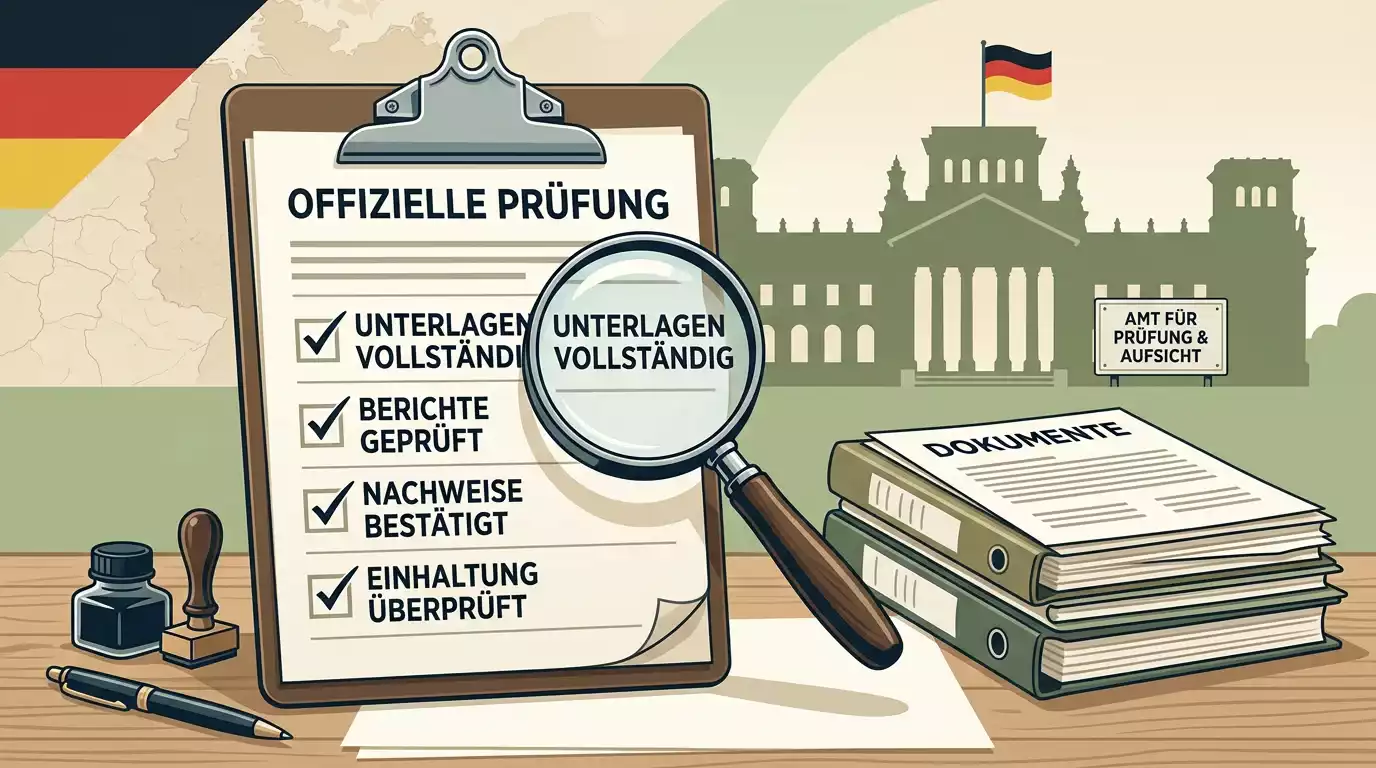 Neutrale Darstellung einer offiziellen Prüfung mit Liste, Lupe und klaren Prüfpunkten