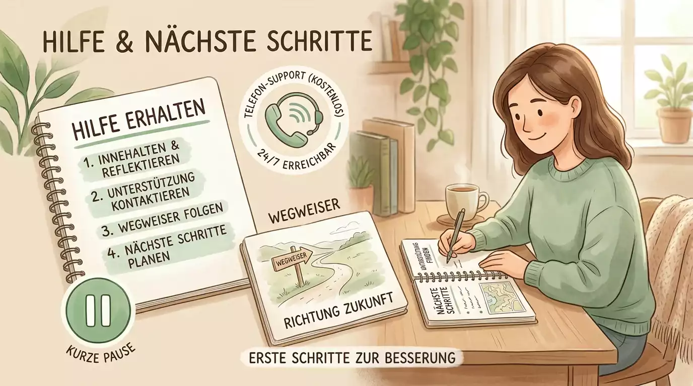 Beruhigende Darstellung von Hilfewegen, Pause und klaren nächsten Schritten