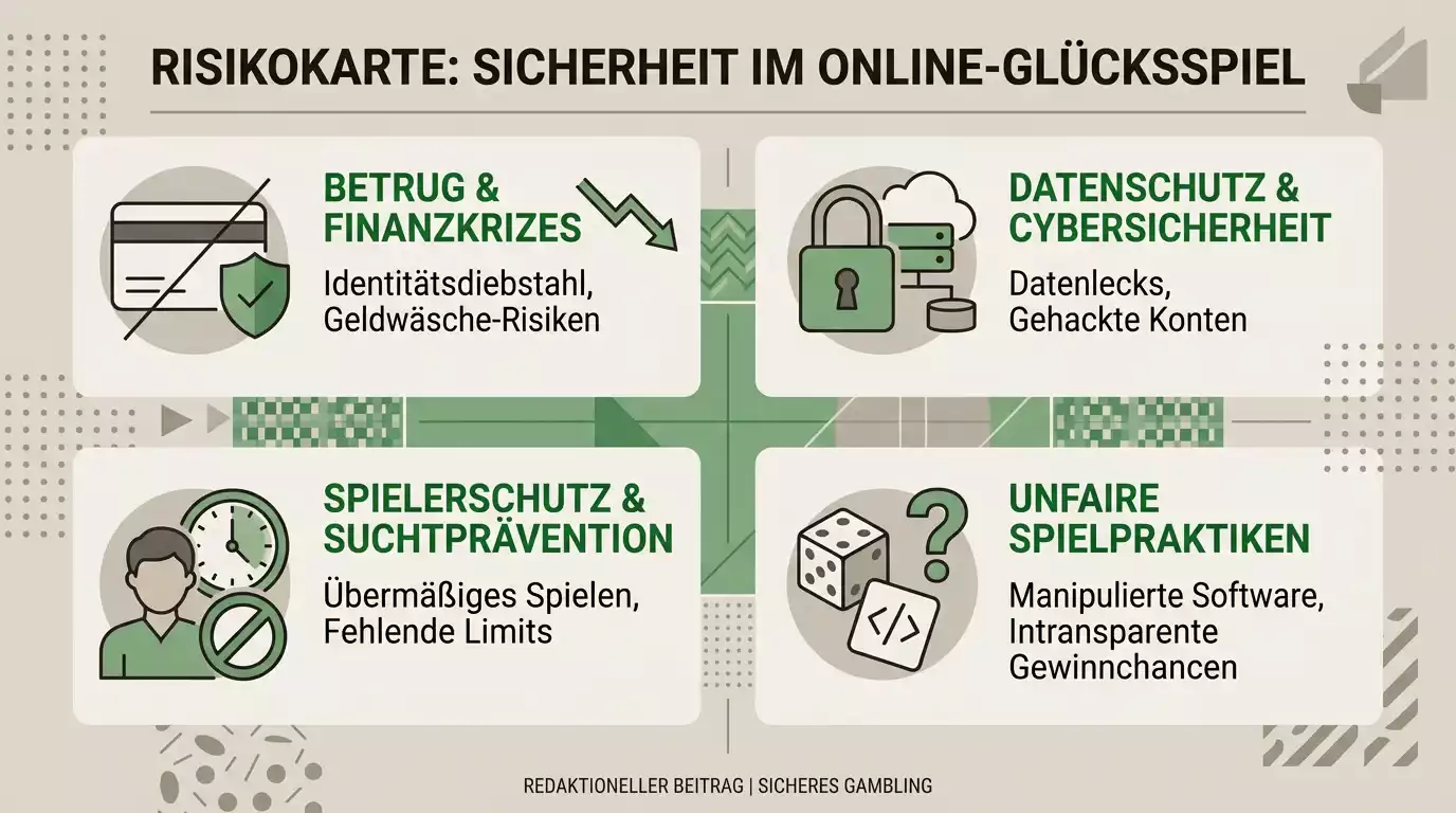 Abstrakte Risikokarte mit Warnfeldern zu Daten, Zahlungen, Schutz und Erlaubnis