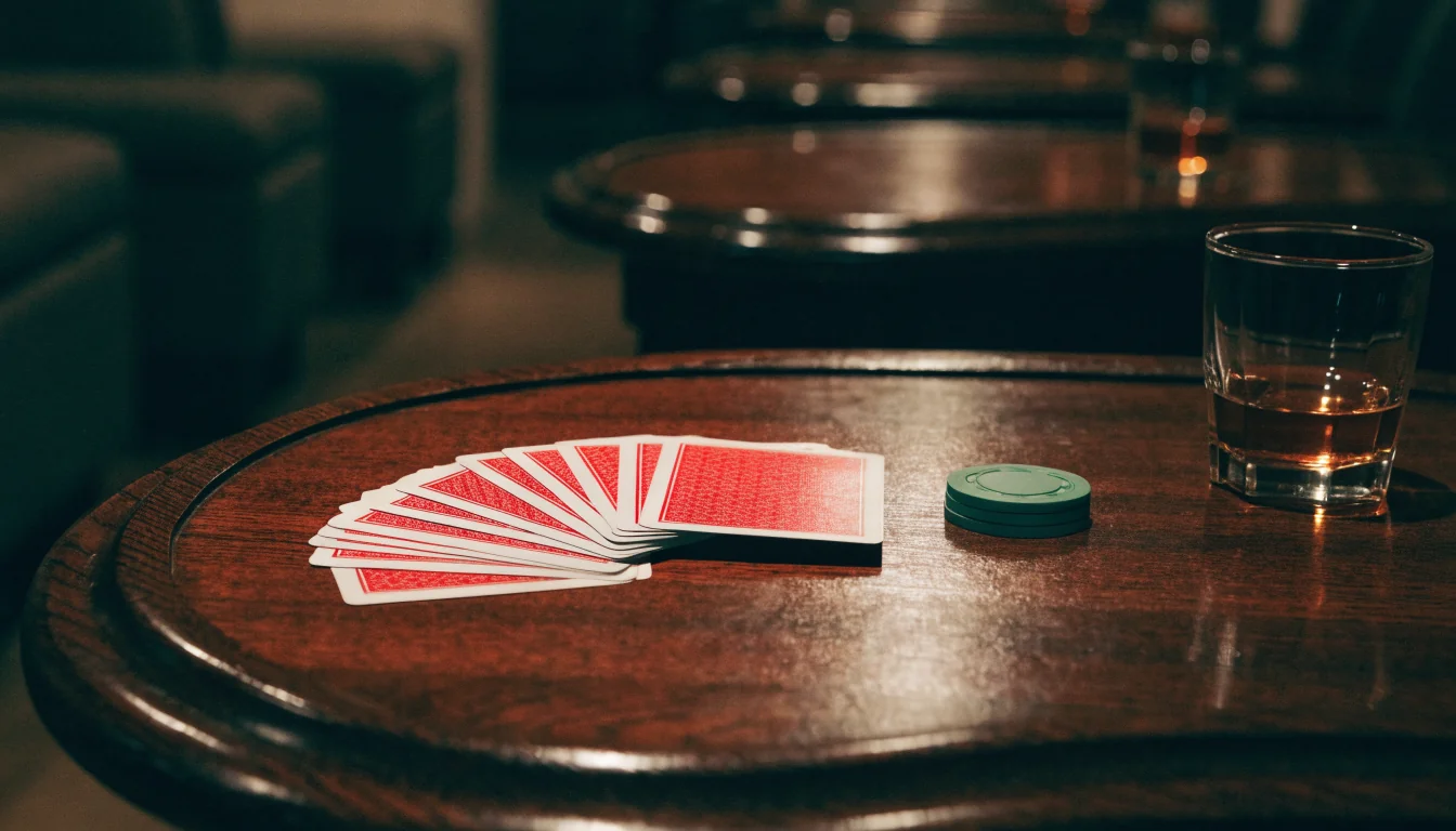 Stapel Spielchips und Spielkarten auf einem dunklen Casinotisch