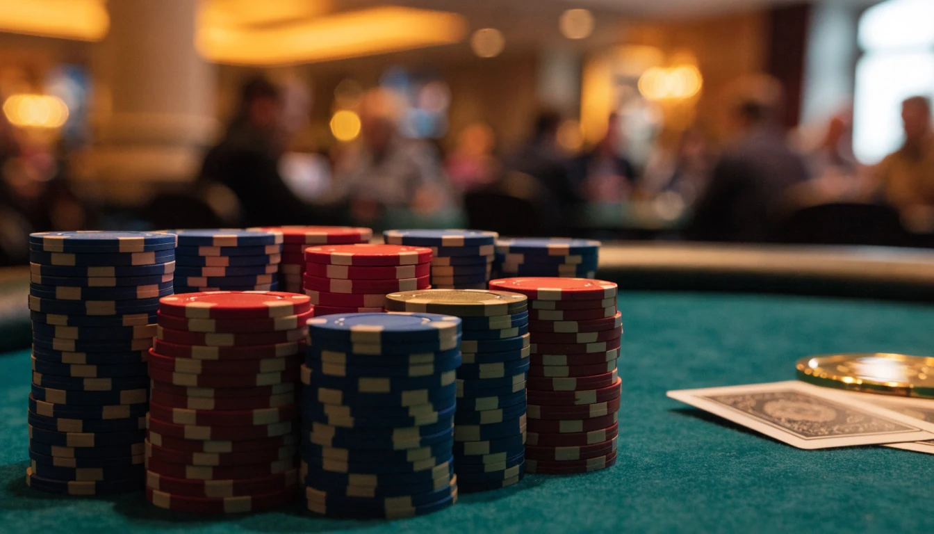 Stapel bunter Casino-Chips und verdeckte Spielkarten auf grünem Filztisch mit warmem Licht.