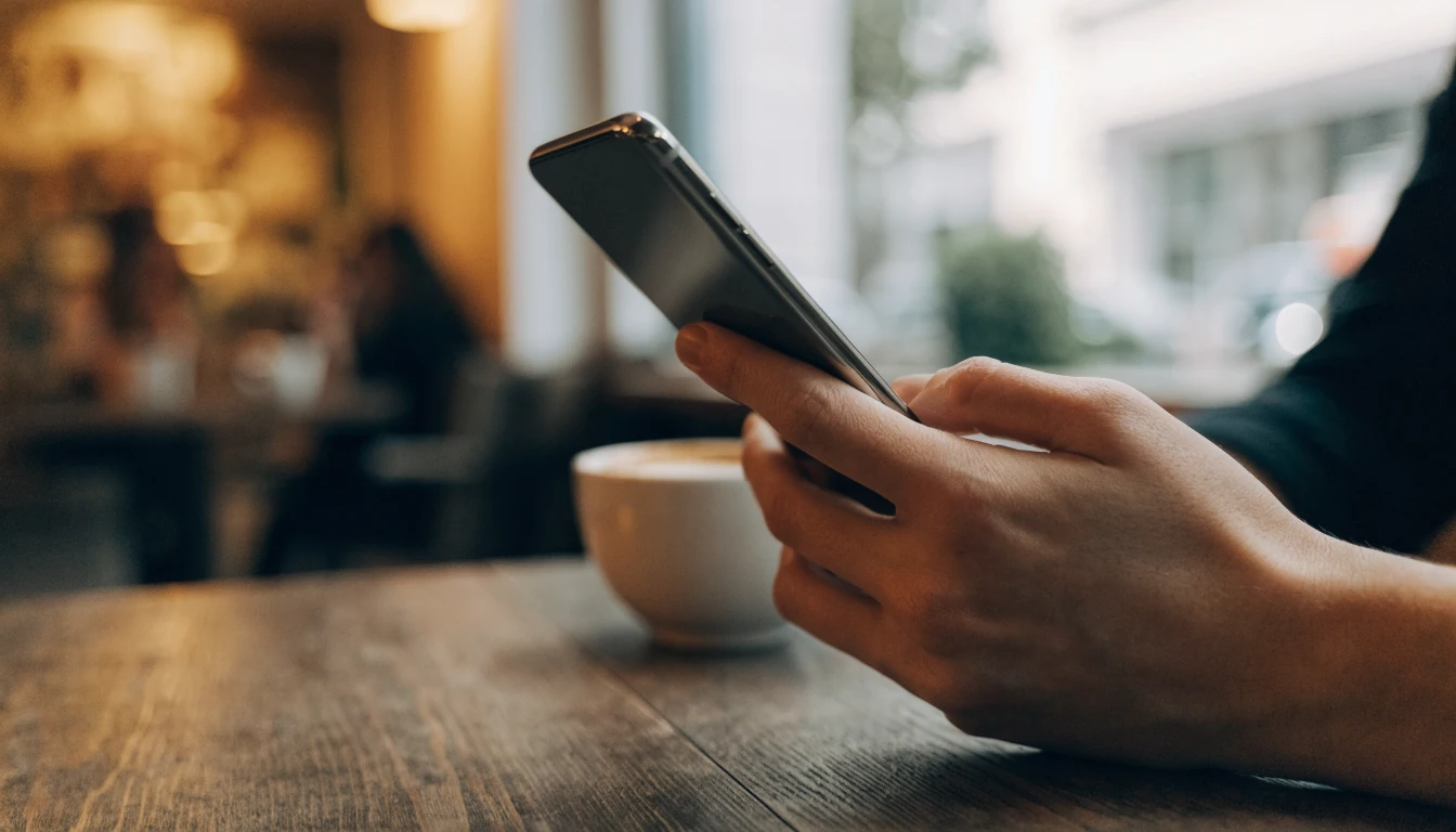 Hand hält ein Smartphone in einem Café