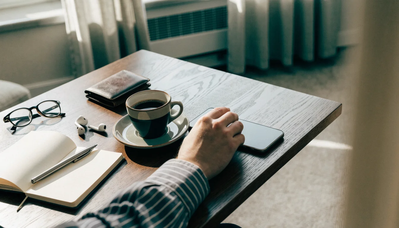 Smartphone mit nach unten gedrehtem Bildschirm auf Holztisch mit Notizbuch und Kaffeetasse