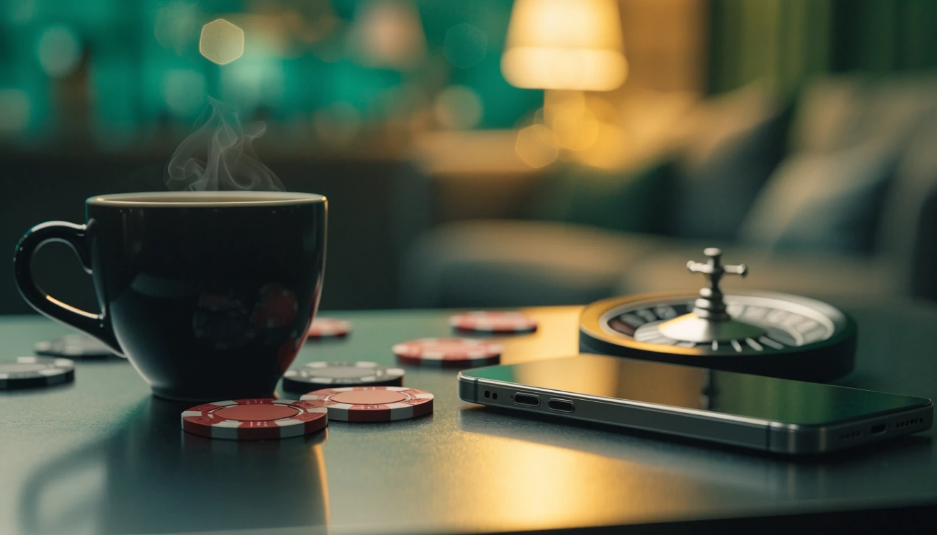 Stilvoller Casino-Tisch mit Chips, Roulette und Smartphone bei warmem Licht