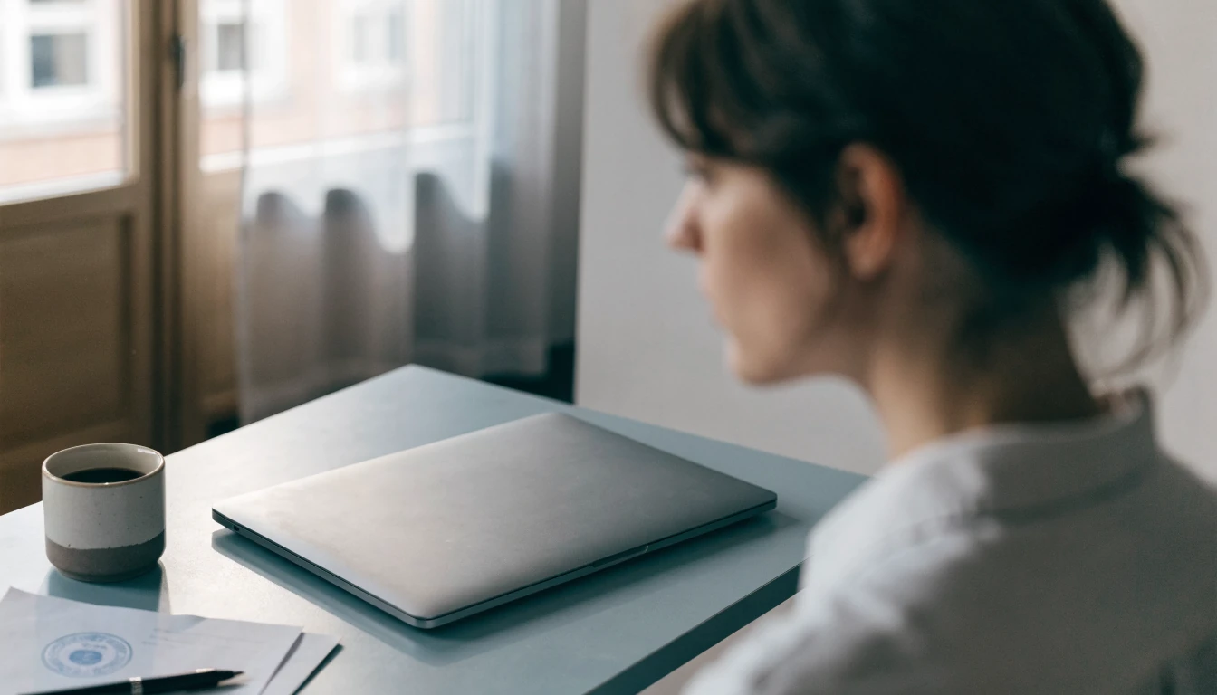 Ordentlicher Schreibtisch mit geschlossenem Laptop und gestempelten Dokumenten in einer deutschen Wohnung