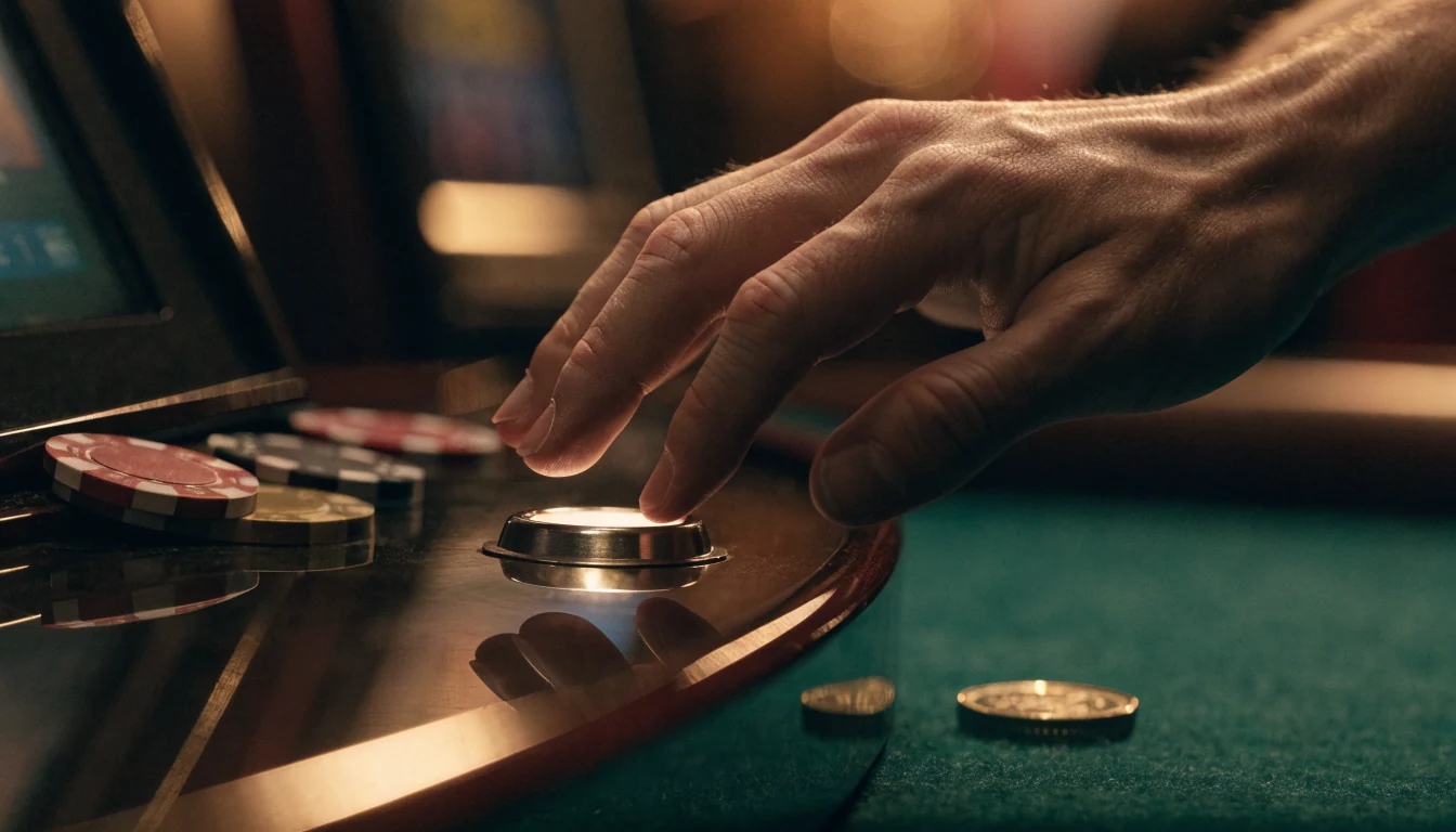 Hand an Spielautomaten-Taste in stimmungsvoller Casino-Atmosphäre mit goldenen Chips