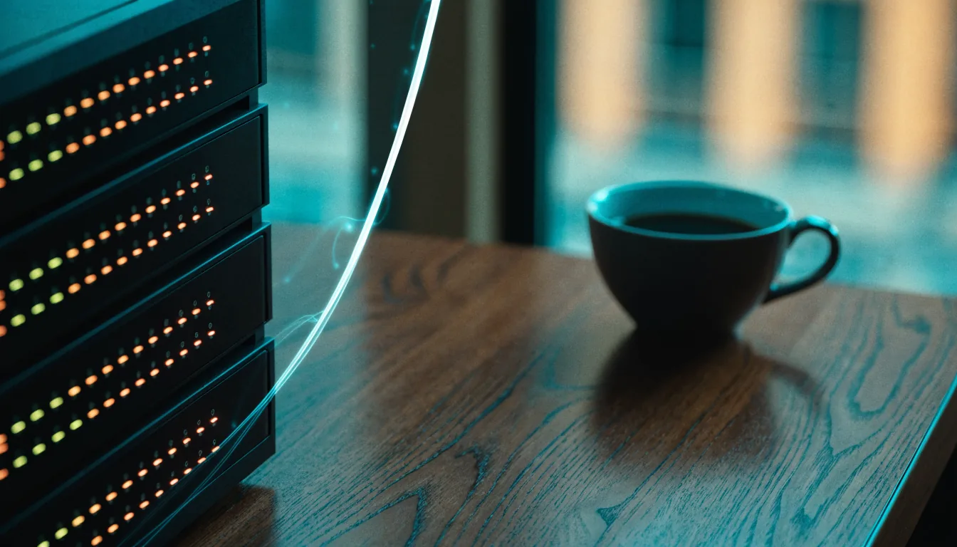 Leuchtende Kurve neben einem Server auf Schreibtisch