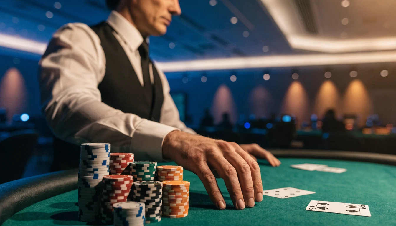 Professioneller Live-Dealer am Blackjack-Tisch im Casino-Studio mit gestapelten Chips und offenen Spielkarten.