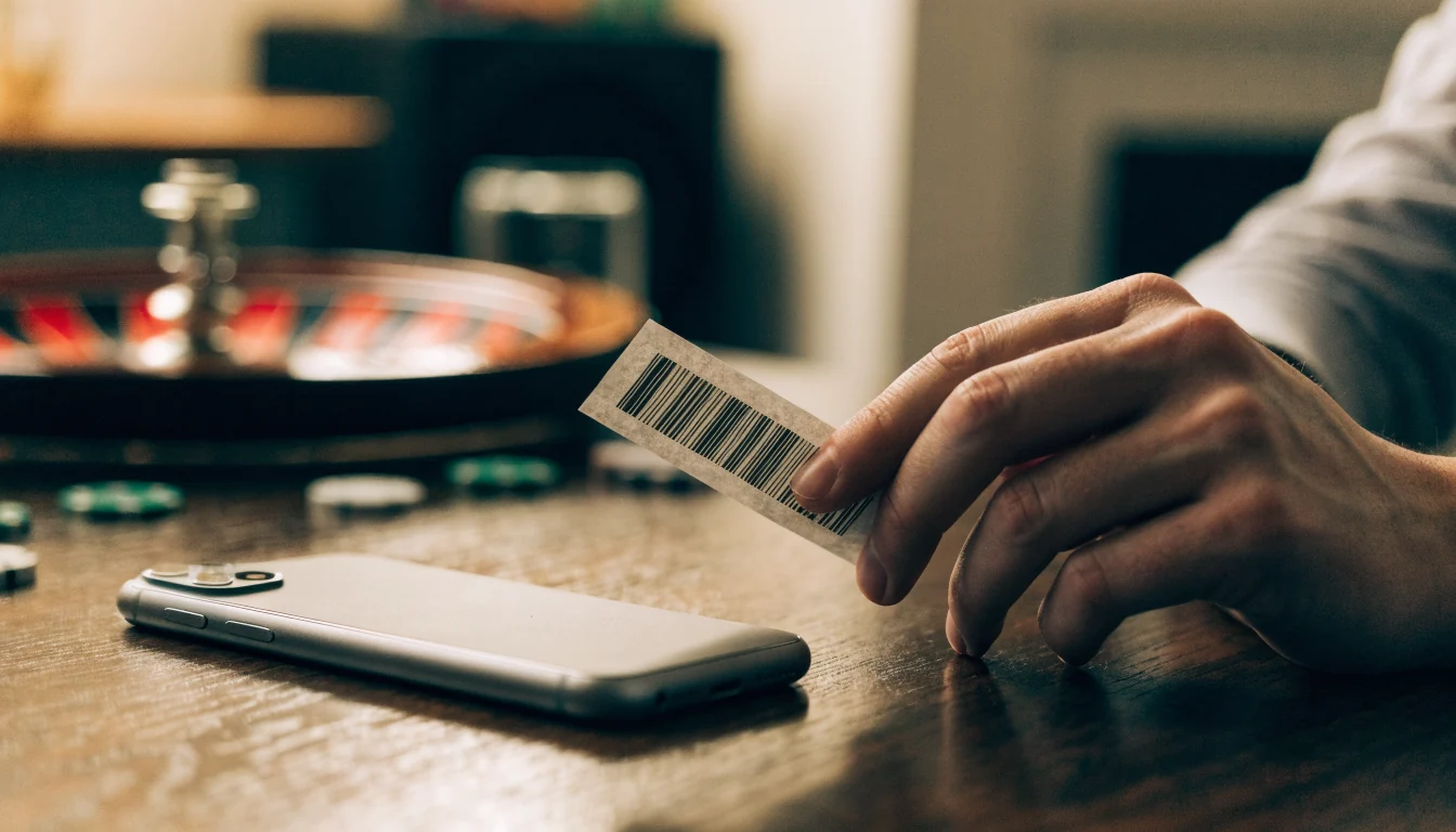 Hand mit CashtoCode-Beleg neben Smartphone und Roulette-Chips