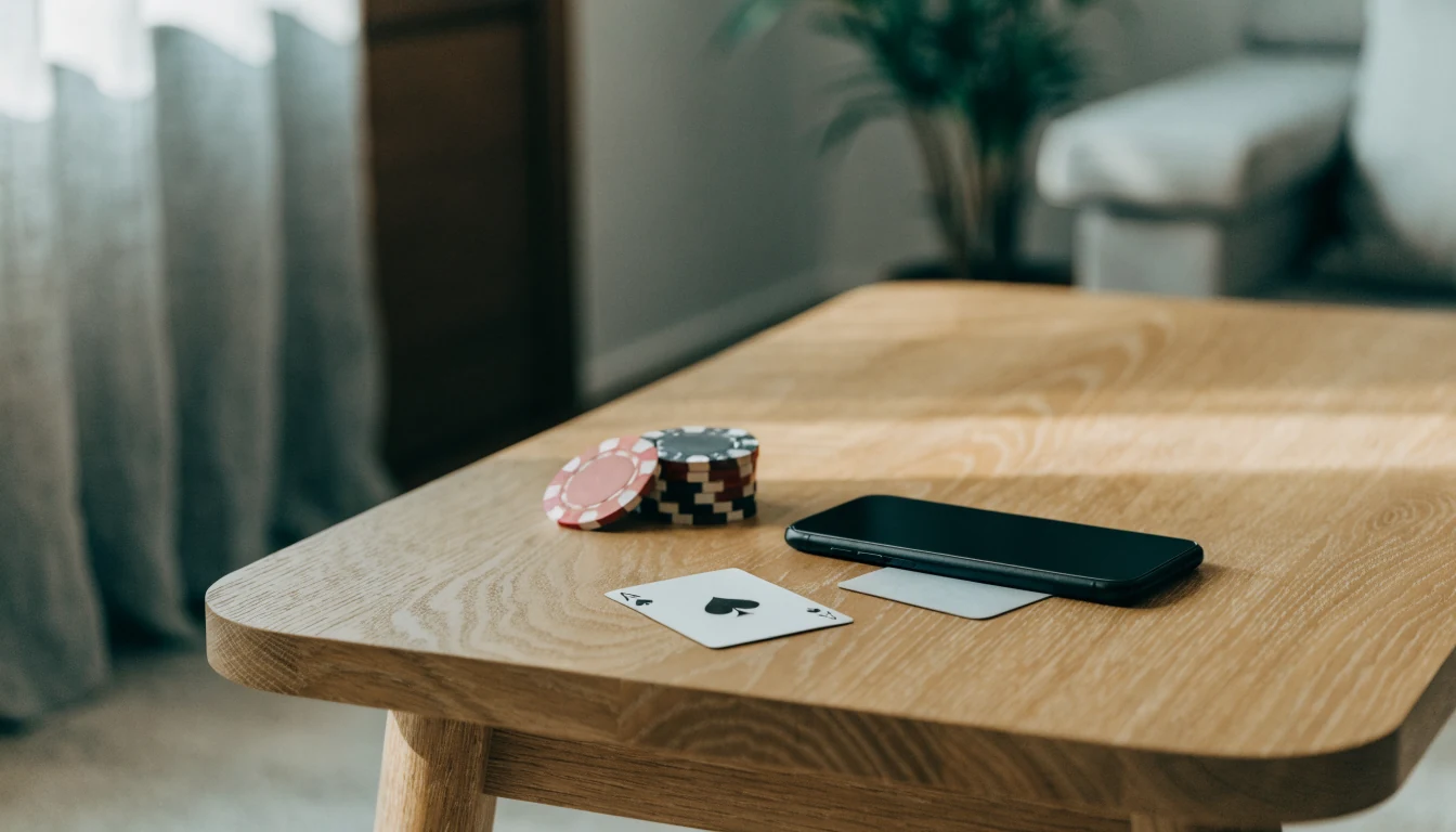 Smartphone mit Casino-Chips und Bankkarte auf einem modernen Eichentisch im Wohnzimmer