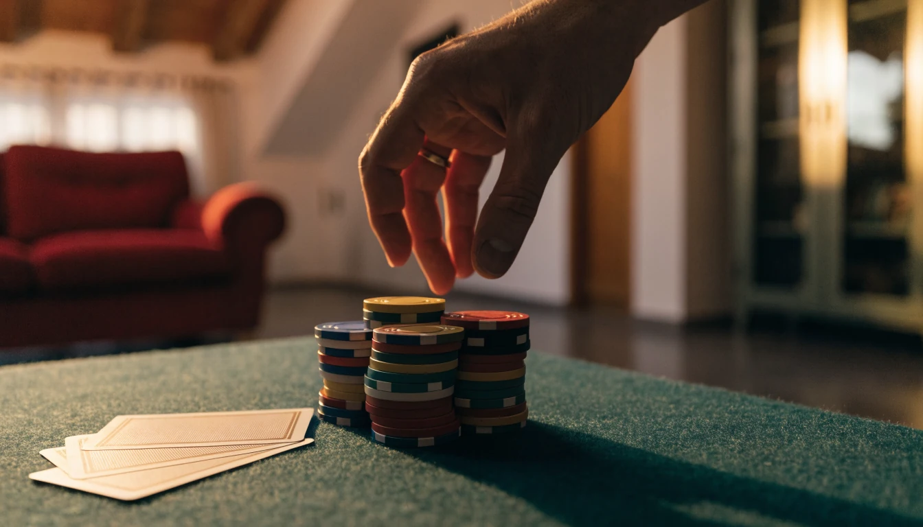 Nahaufnahme einer Hand über Spielchips und verdeckten Karten auf einem Filttisch im warmen Wohnzimmerlicht.
