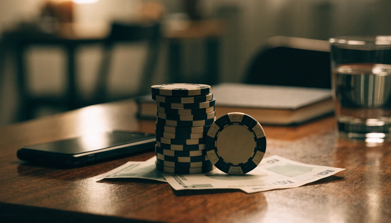 Stapel Pokerchips, Euro-Scheine und ein Smartphone mit dem Bildschirm nach unten auf einem Holztisch.