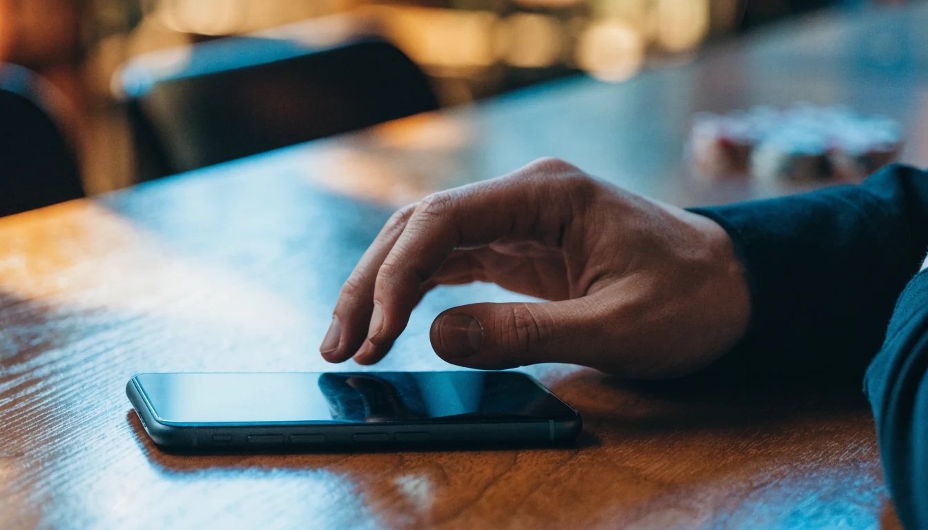 Hand legt Smartphone mit gesperrtem Bildschirm auf einen Tisch ab