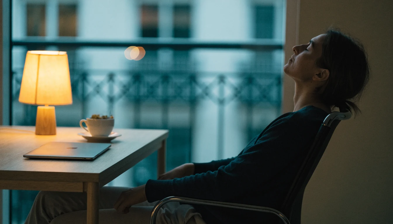 Person taking a deliberate pause from a laptop at a desk