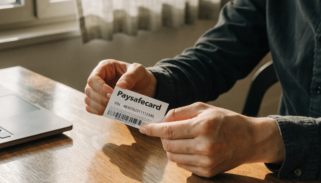 Hände halten Paysafecard-Gutschein mit PIN-Code neben Laptop