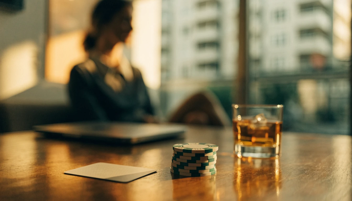 Abendlicher Wohntisch mit Casino-Chips und geschlossenem Laptop