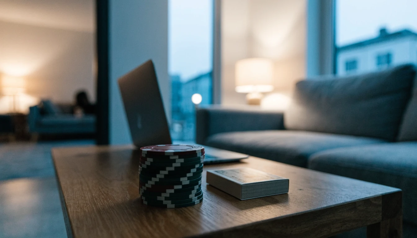 Stapel Pokerchips und ein Kartenstapel auf einem Couchtisch bei gedämpftem Licht.